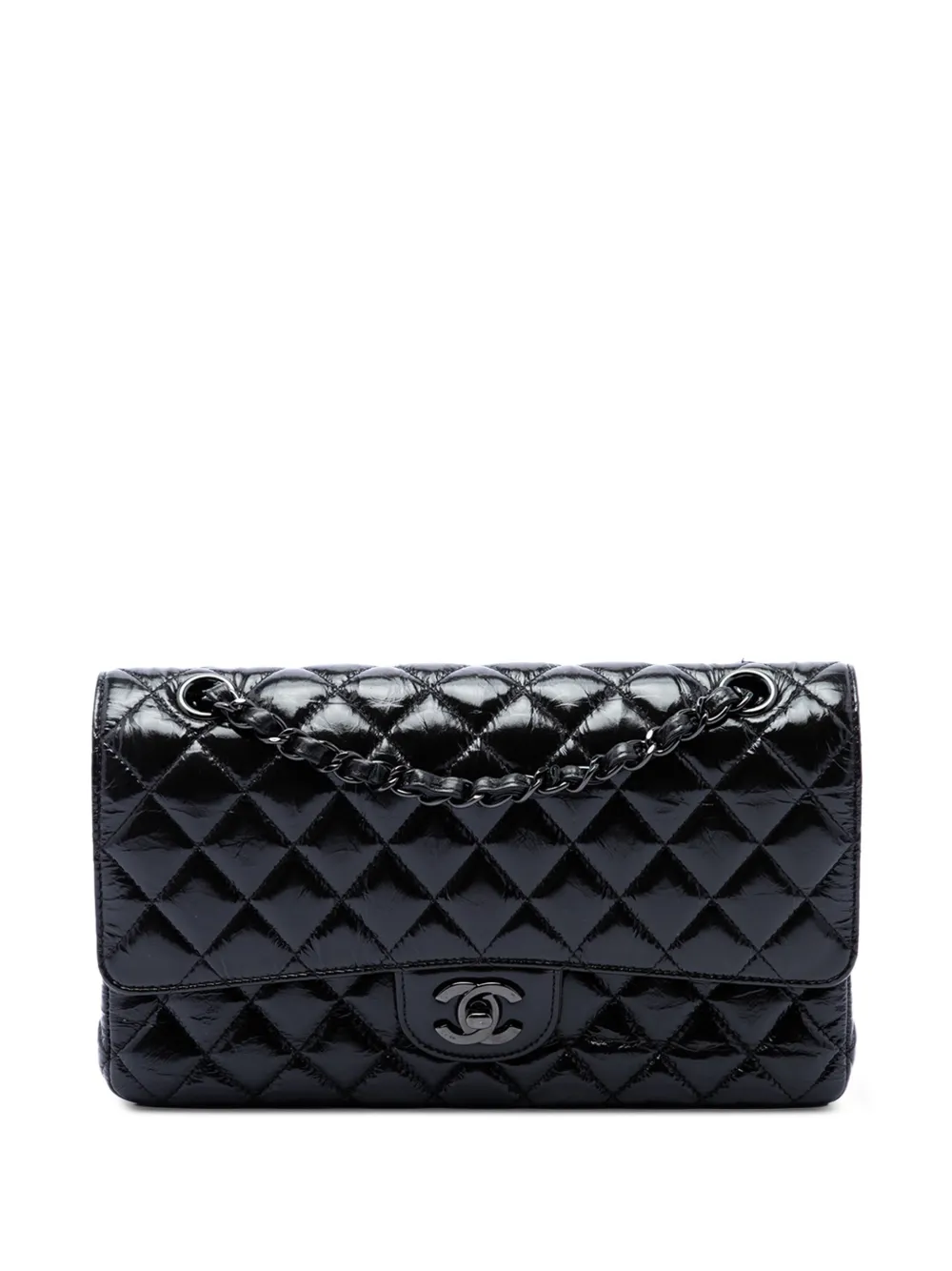 CHANEL Pre-Owned Borsa a spalla classica media in pelle di vitello effetto stropicciato con doppio battente 2019 - Nero