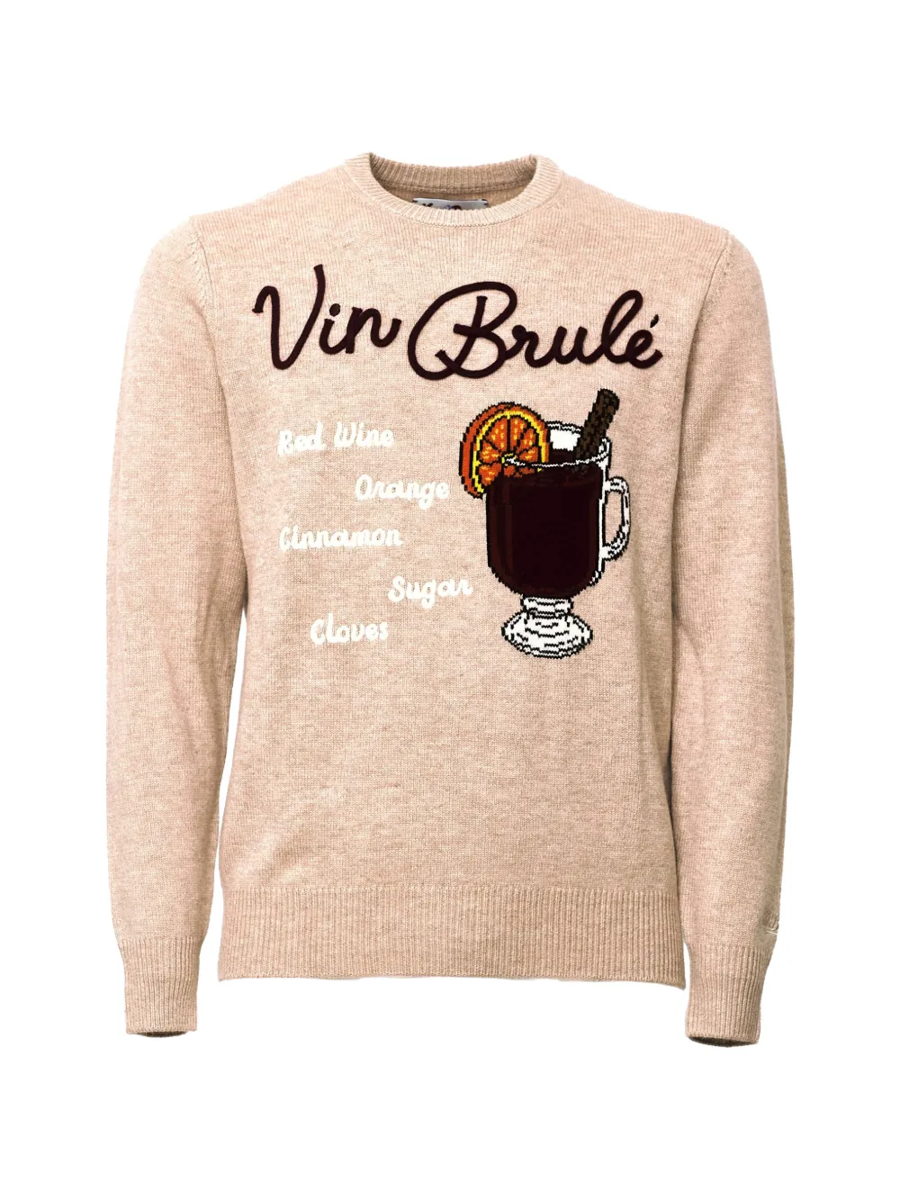 MC2 Saint Barth beige heron crewneck knit with Vin Brulé intarsia and embroidery