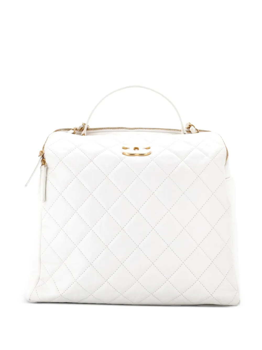 CHANEL Pre-Owned CC Double Zip Top Handle Bowler Bag Quilted Aged Calfskin Large handbag - White