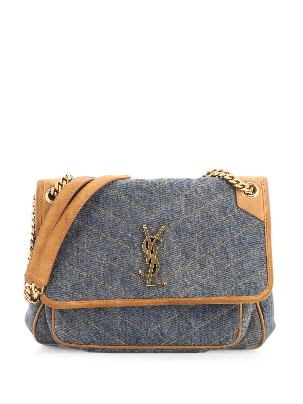 Saint Laurent Pre-Owned Niki Chain Flap Bag Matelasse Chevron Denim with Suede Medium shoulder bag - Blau