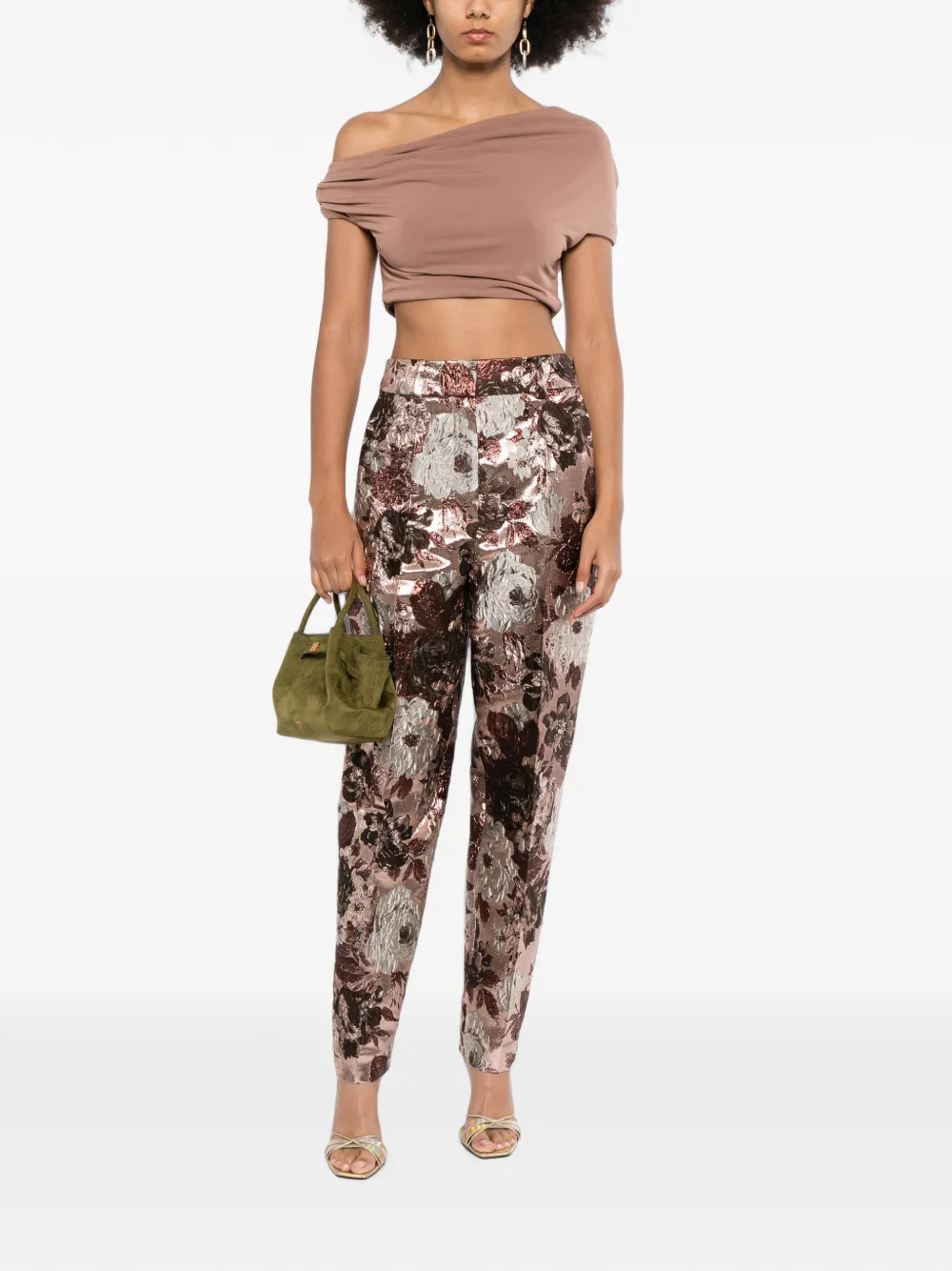 Elie Saab Broek met bloemen-brokaat Beige
