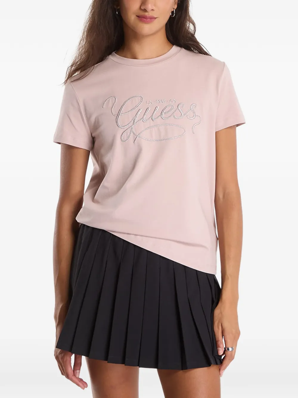 GUESS USA logo-embroidered rhinestone-embellished T-shirt - Rosa