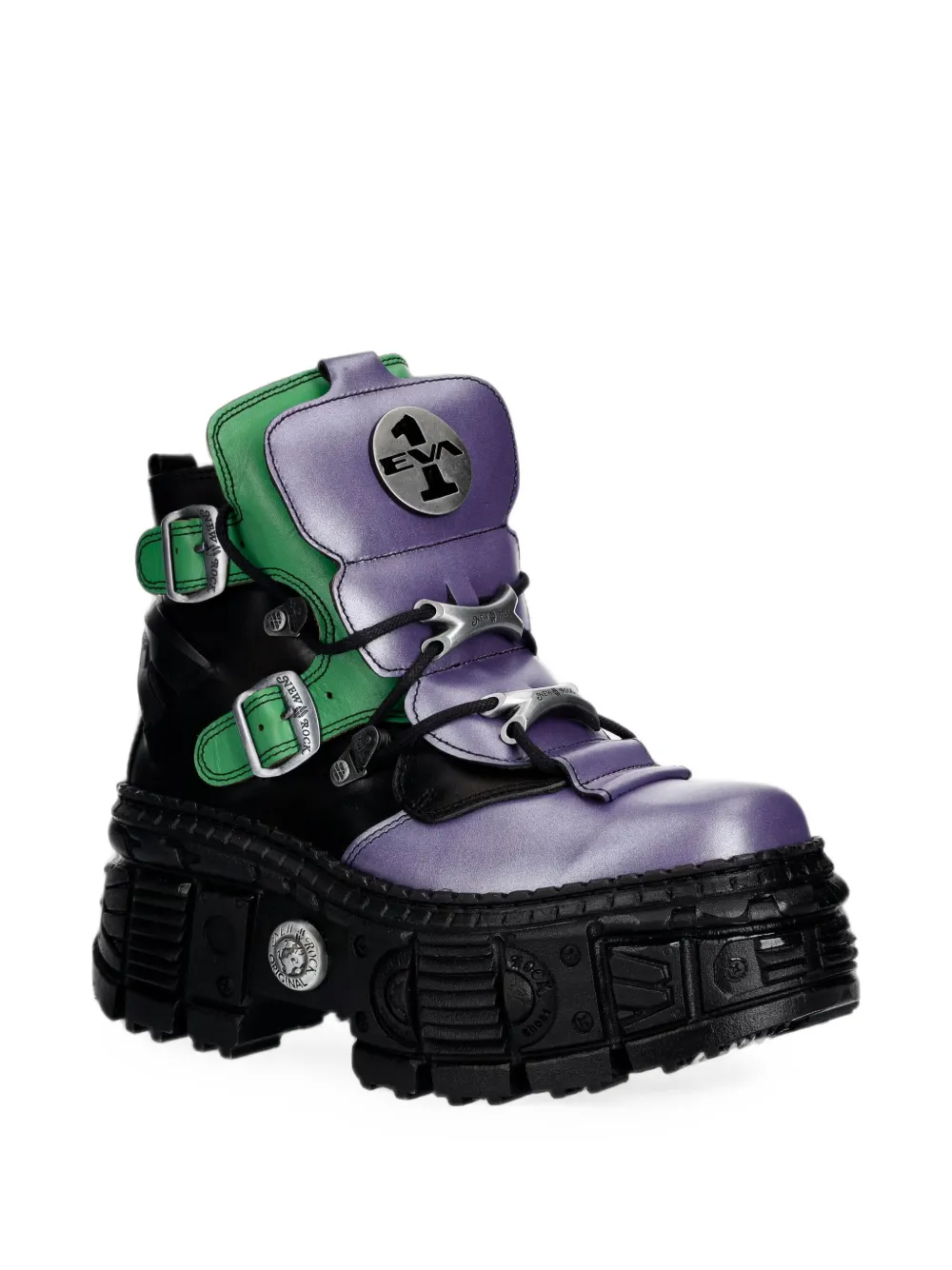 NEW ROCK buckled platform biker boots Paars