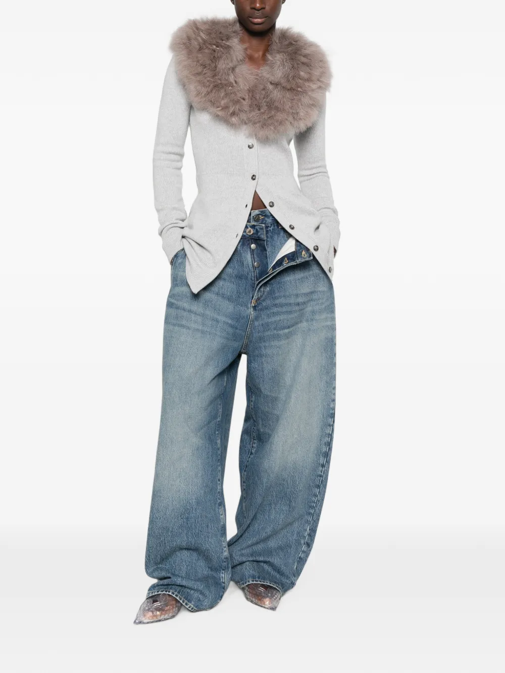 Blumarine Geribbeld vest met kraag van imitatiebont Grijs