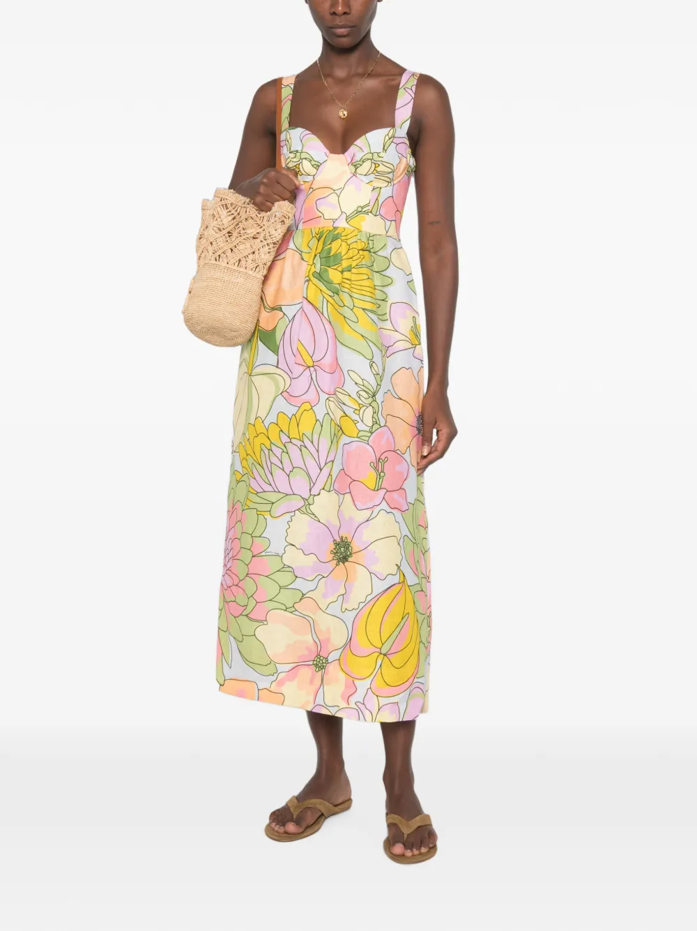 FARM Rio Midi-jurk met bloemenprint en sweethearthals Blauw