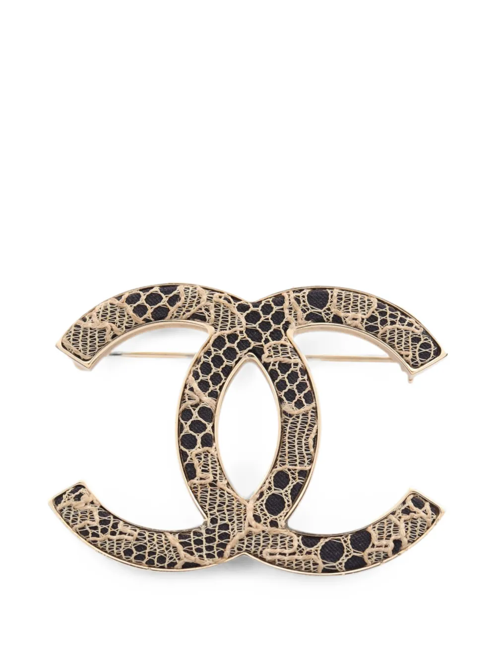 CHANEL Pre-Owned 2006 CC Gold Plated Lace and Tweed Brooch costume brooch