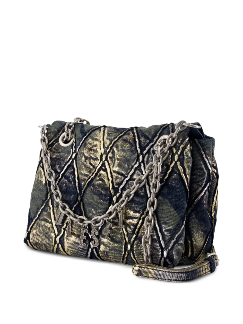 Diesel Schoudertas van metallic denim met D-bedel Blauw