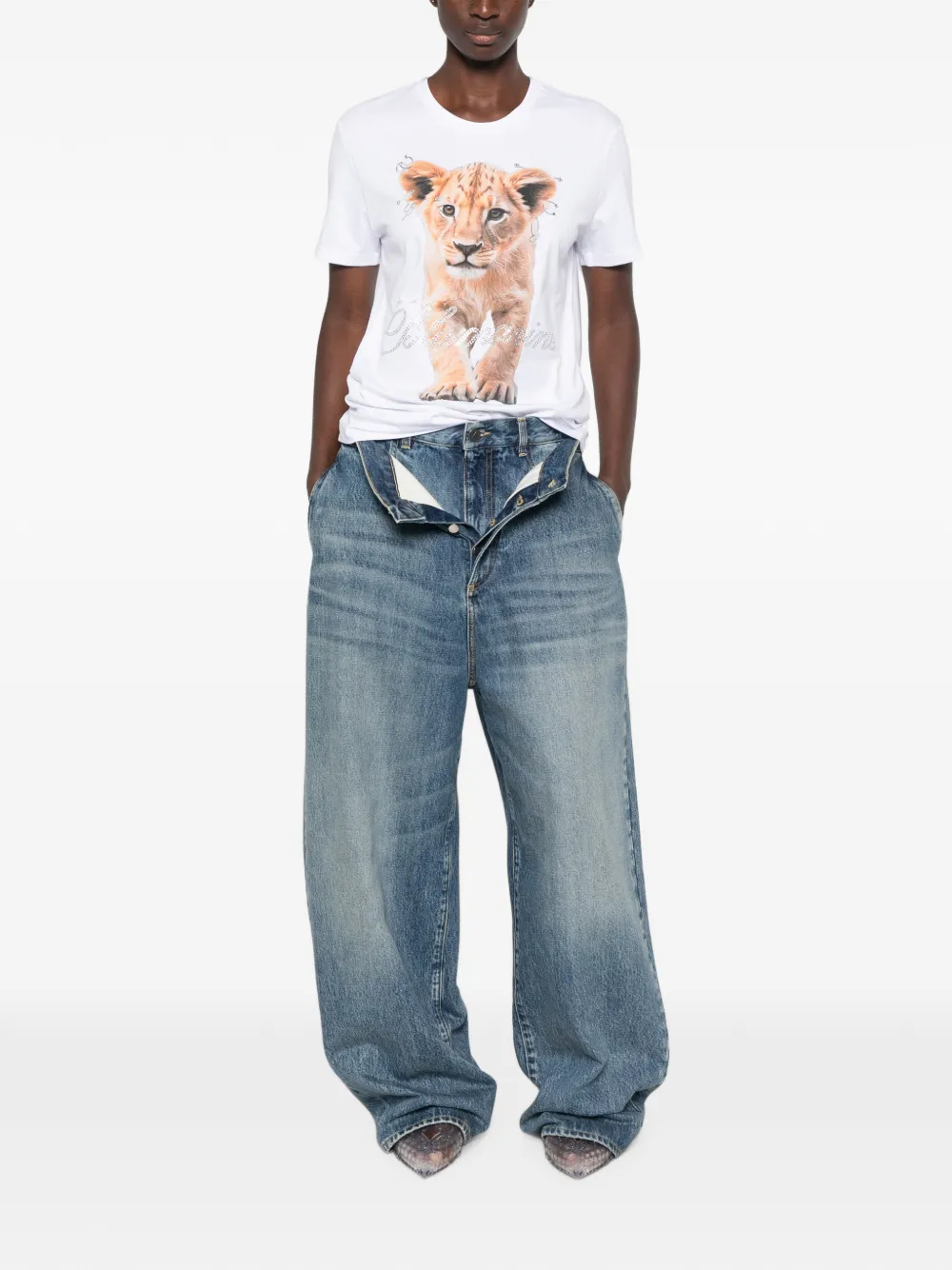Blumarine T-shirt verfraaid met kristallen en leeuwenprint Wit