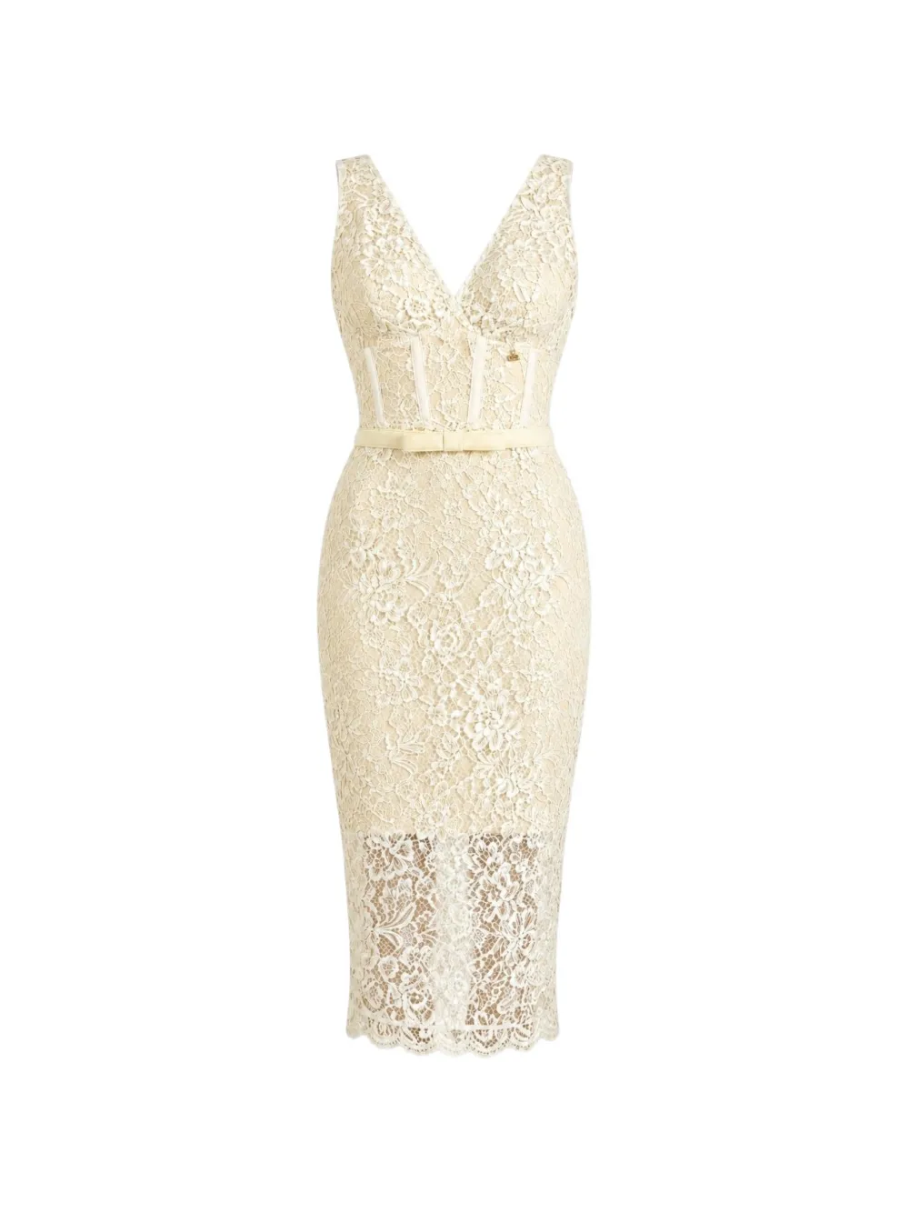 DiveDivine lace-overlay belted midi dress