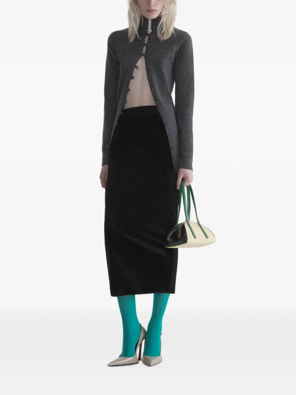 Mugler Black Velvet Midi Pencil Skirt, view 2