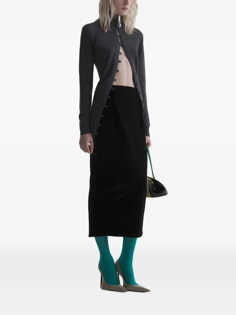 Mugler Black Velvet Midi Pencil Skirt, view 3