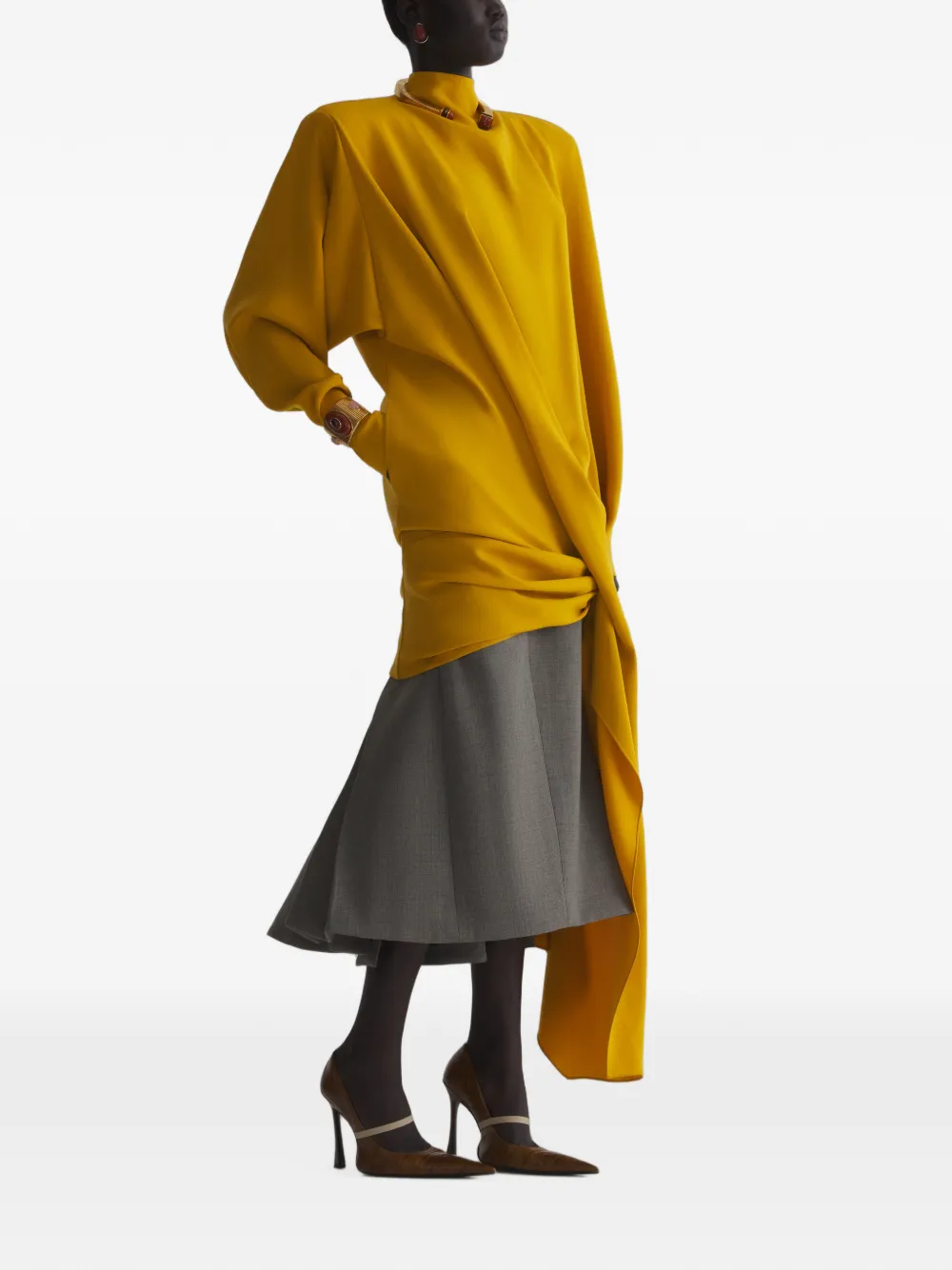 Mugler Ruimvallende jurk met cascade-detail Geel