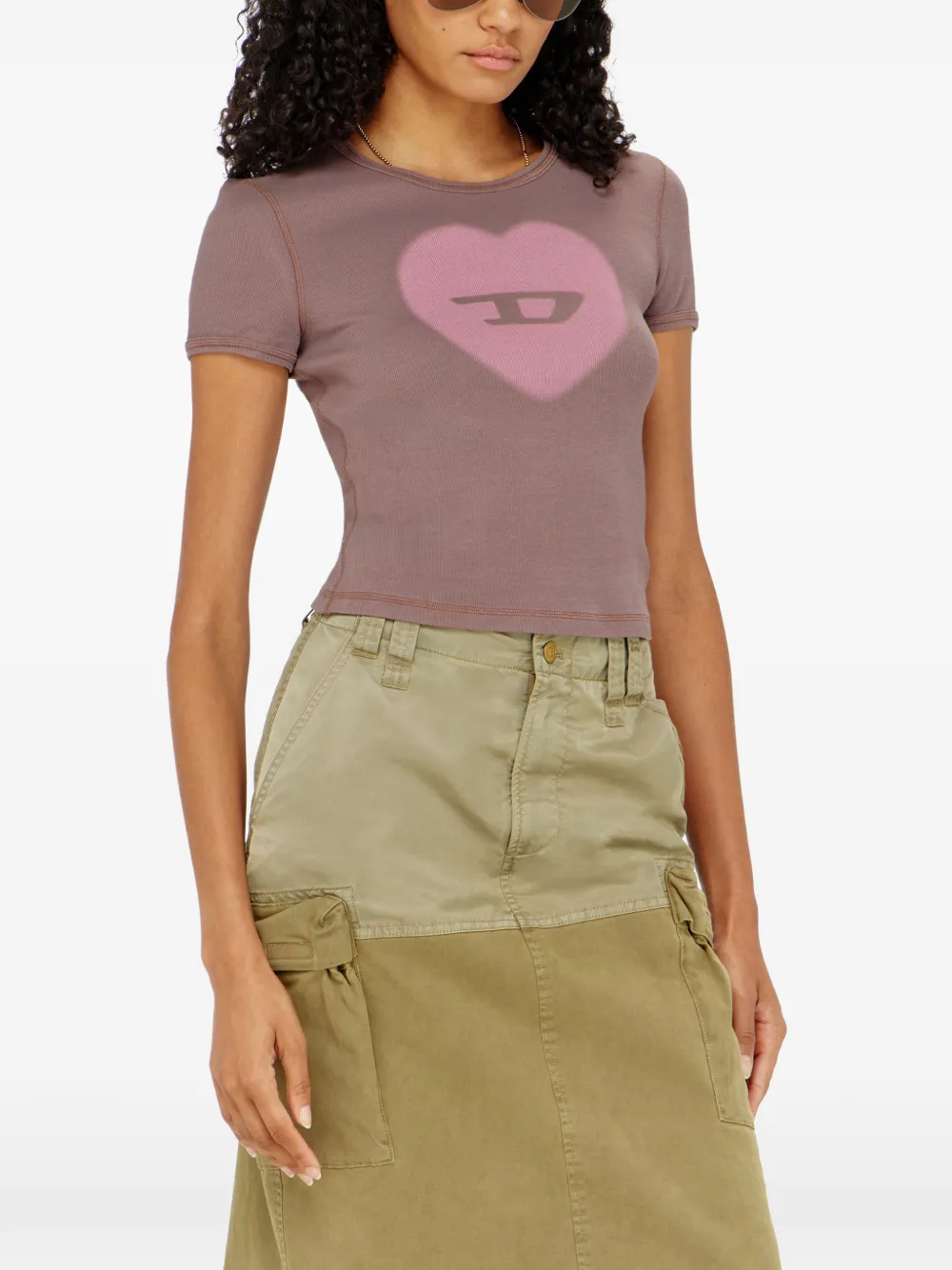 Diesel Geribbeld T-shirt met waterverf hart D Paars