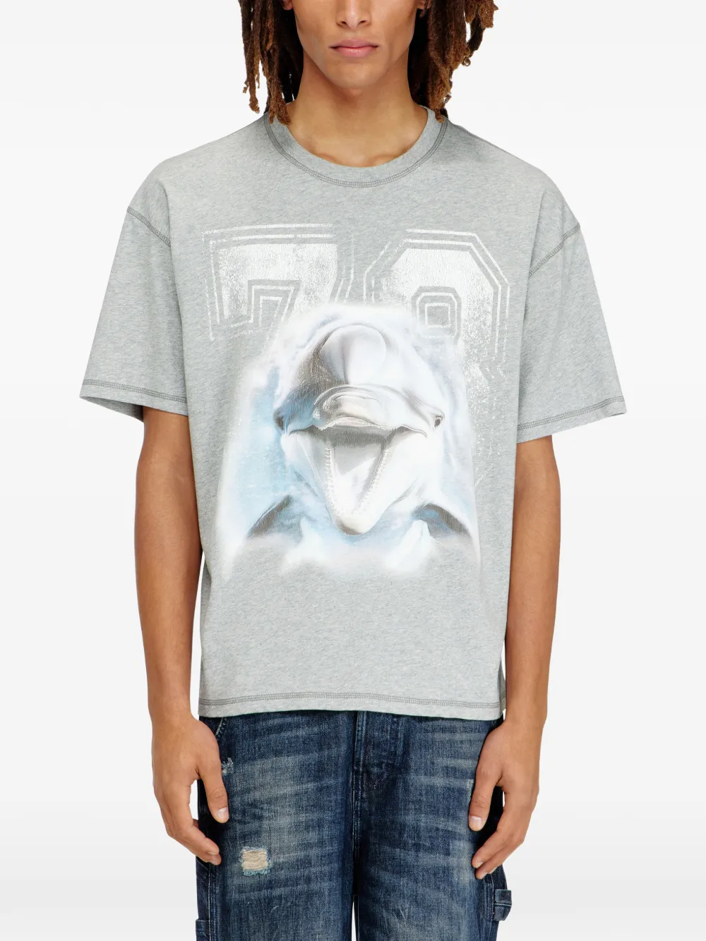 Diesel Ruimvallend T-shirt met grafische dolfijn-print Grijs