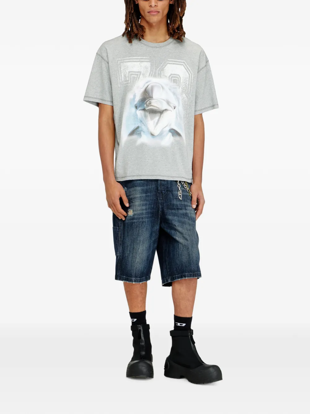 Diesel Ruimvallend T-shirt met grafische dolfijn-print Grijs