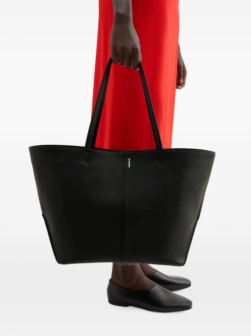 Jil Sander Linea grote leren shopper met centrale bies en -logo in reliëf Zwart