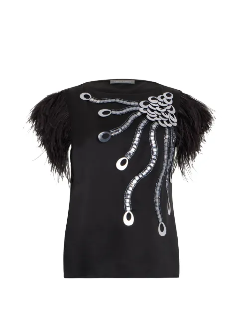 Alberta Ferretti camiseta con ribete de plumas y apliques metalizados