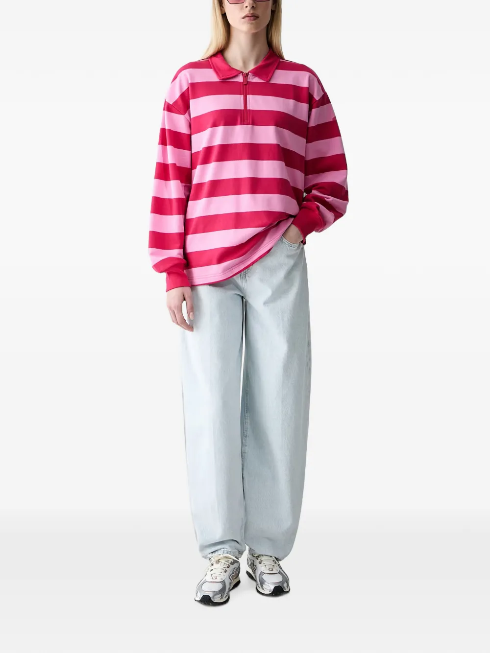 adidas striped quarter-zip polo shirt Roze