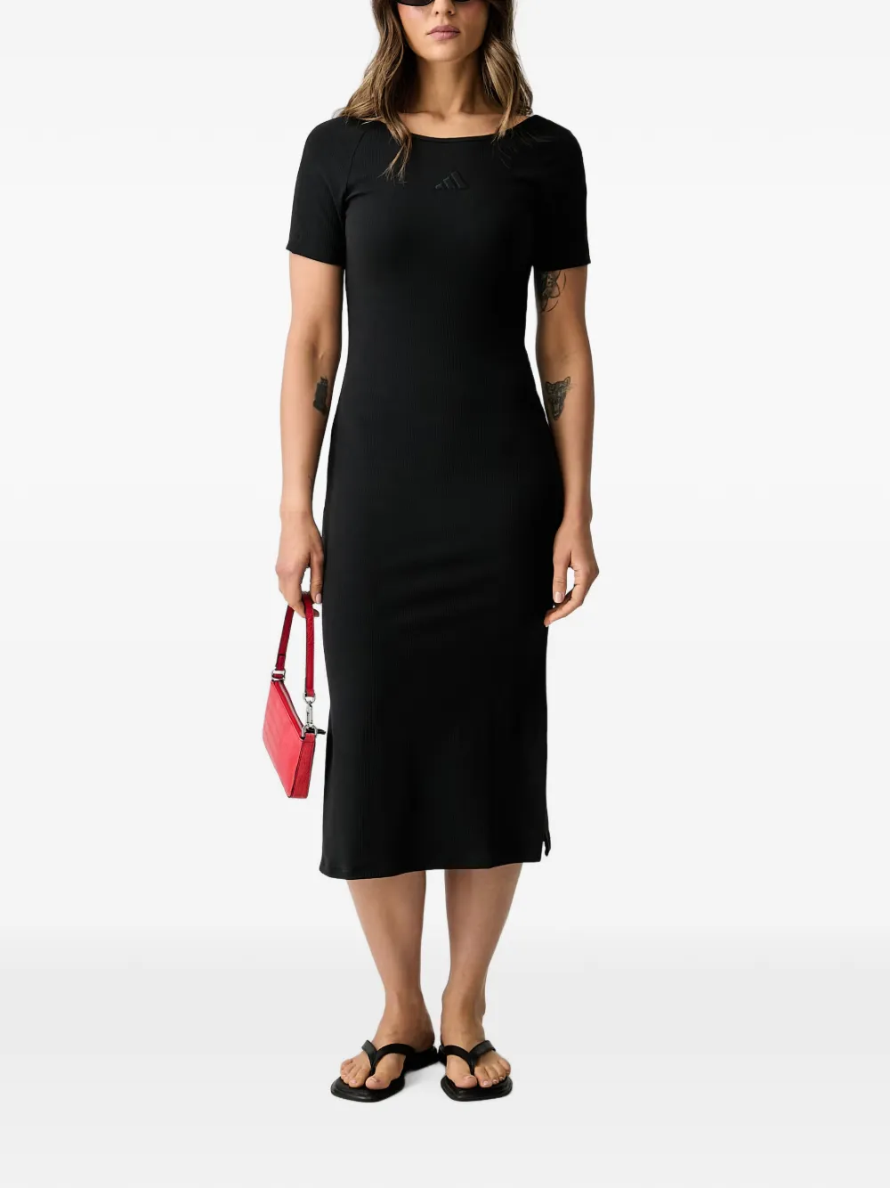 adidas ribbed logo-embroidered midi dress Zwart