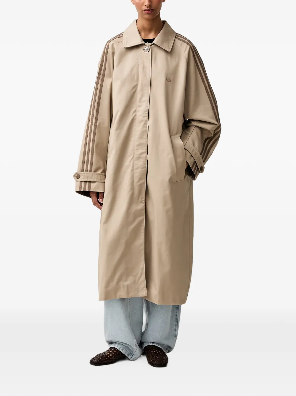 adidas Mac 3-Stripes logo-embroidered trench coat Beige
