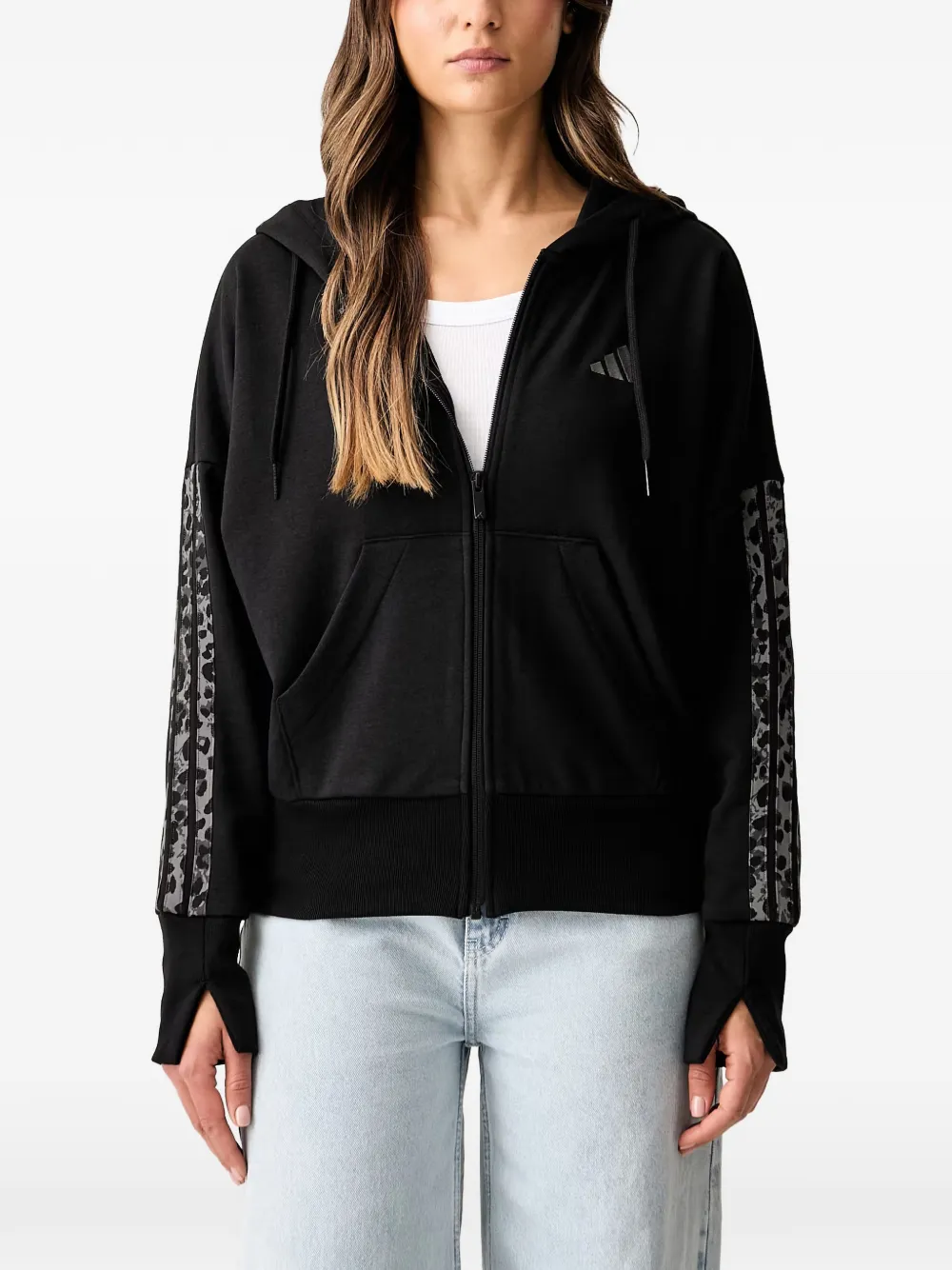 adidas leopard-print-stripe hoodie Zwart