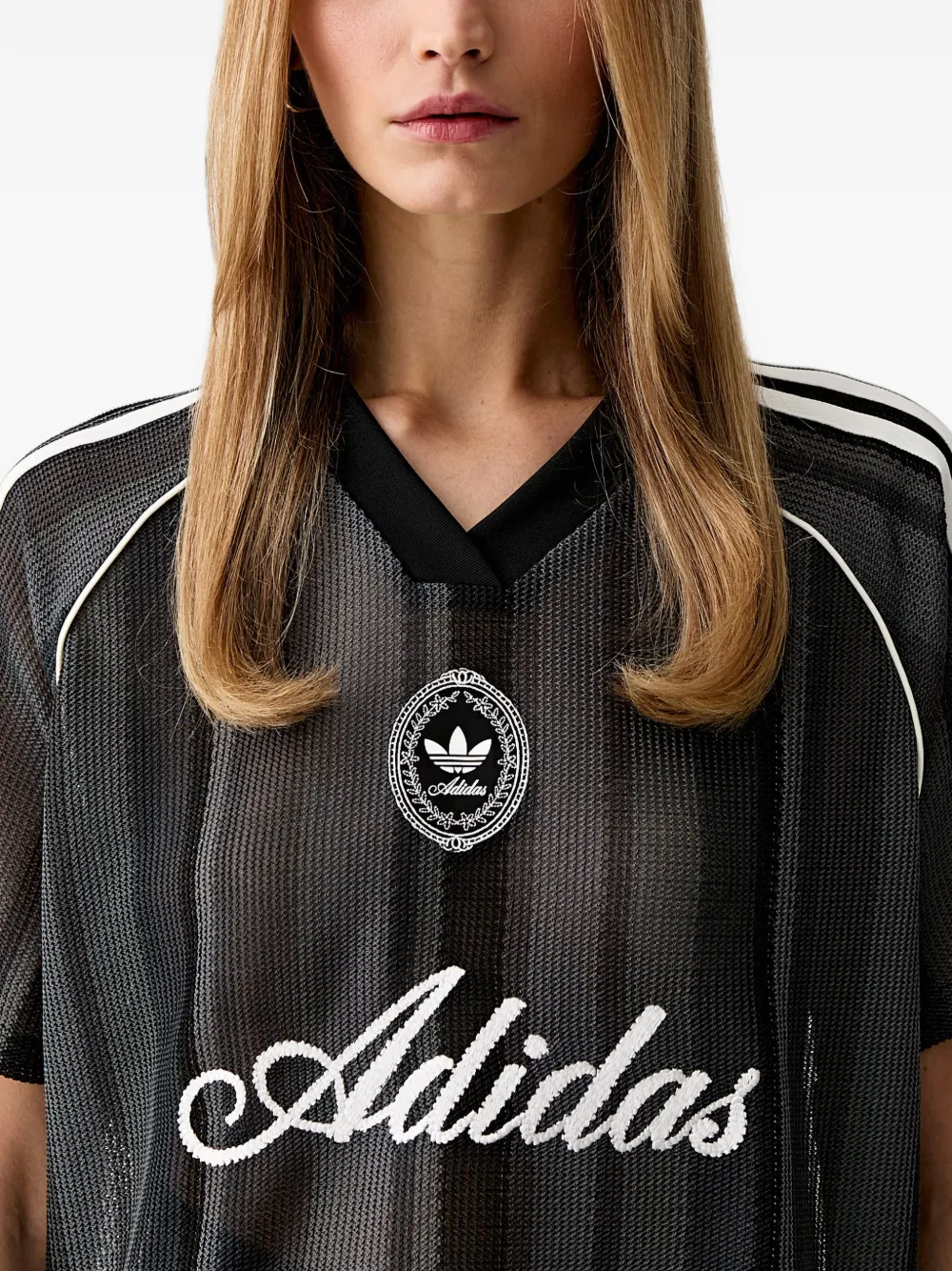 adidas logo-embroidered mesh T-shirt Zwart