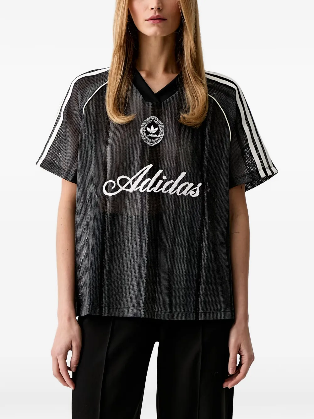 adidas logo-embroidered mesh T-shirt Zwart