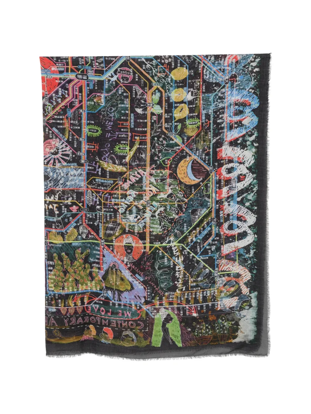 Faliero Sarti graphic-print frayed scarf - Nero
