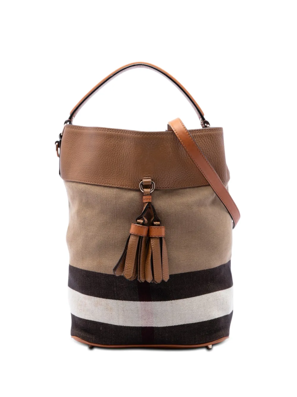 Burberry Pre-Owned 2000-2017 Medium Mega Check Canvas and Grained Calfskin Ashby Tassel Bucket Bag satchel - Braun