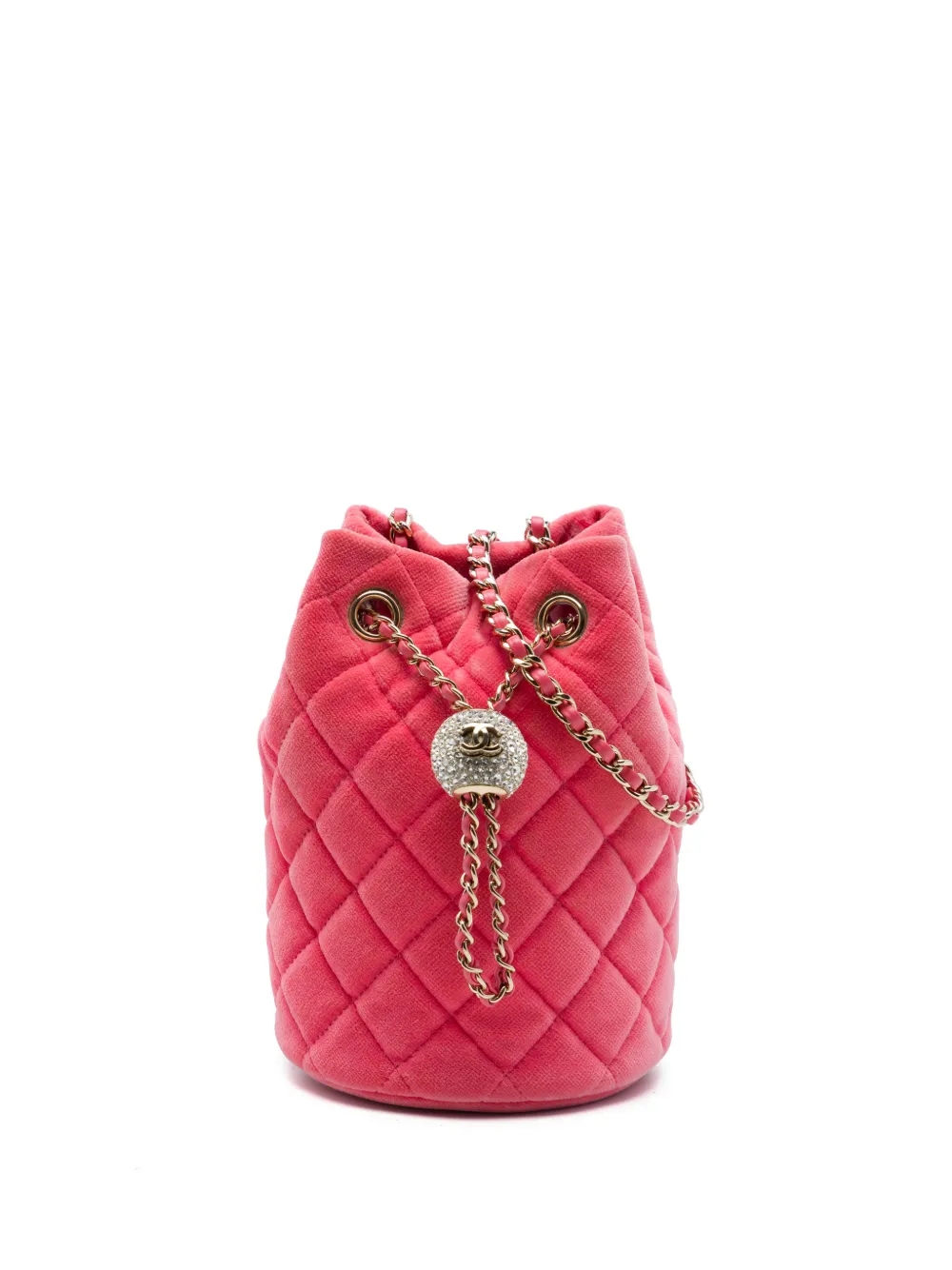 CHANEL Pre-Owned 2020 Mini Velvet Crystal Pearl Crush bucket bag - Rosa