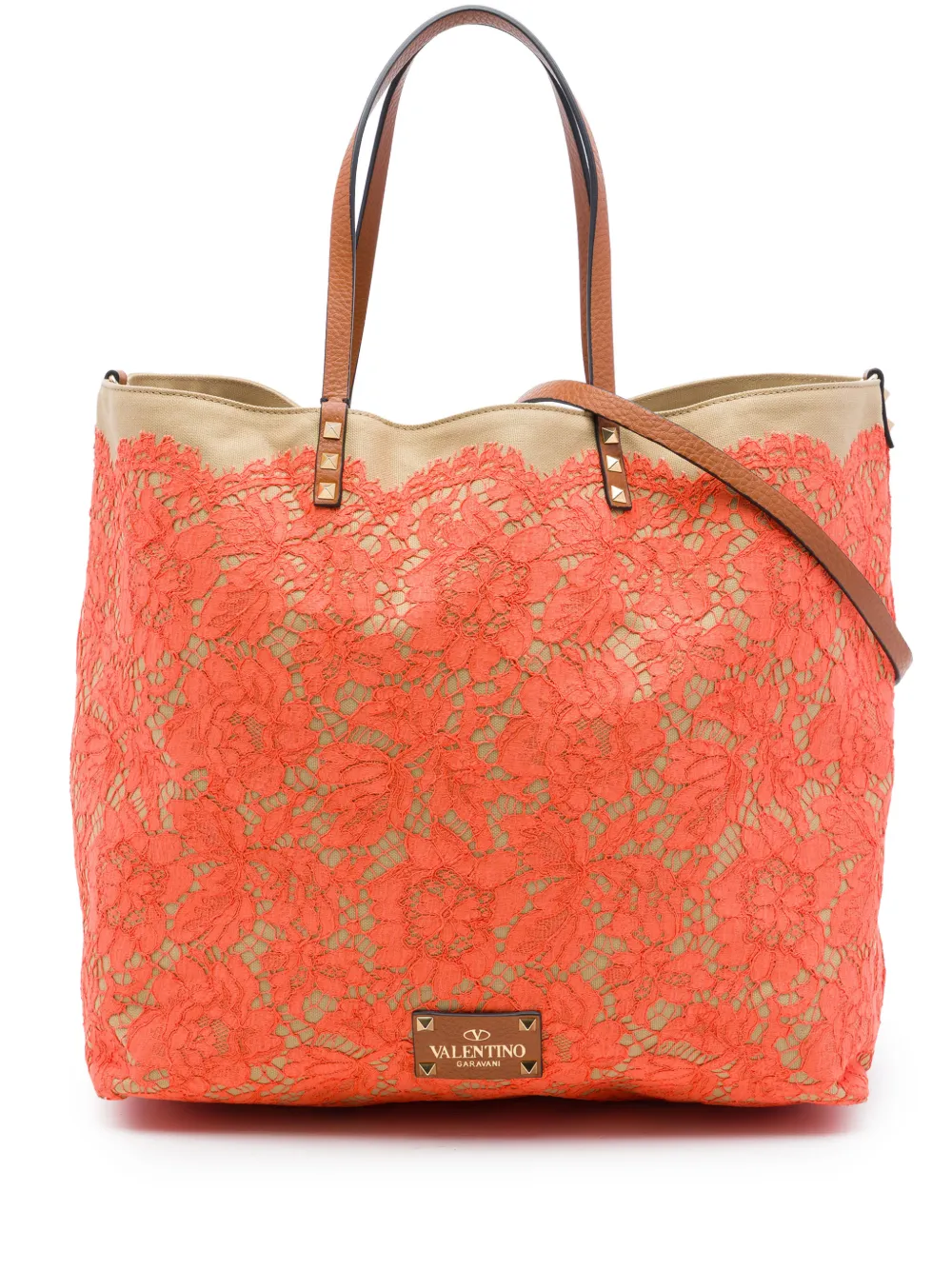 Valentino Garavani Pre-Owned 2018-2026 Canvas Rockstud Glam Lace Reversible Tote satchel - Orange