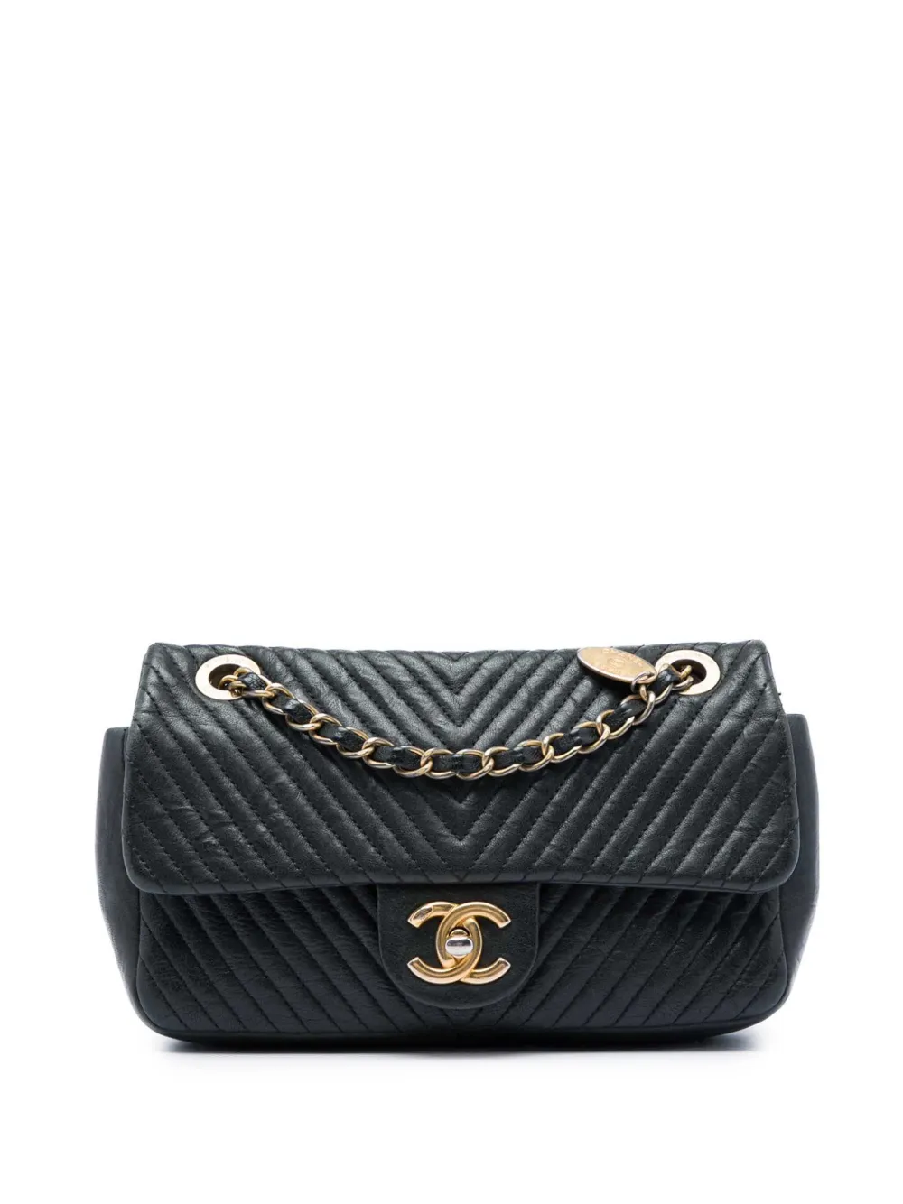 CHANEL Pre-Owned 2014-2015 Small Chevron Wrinkled Calfskin Medallion Charm Surpique Flap shoulder bag - Schwarz