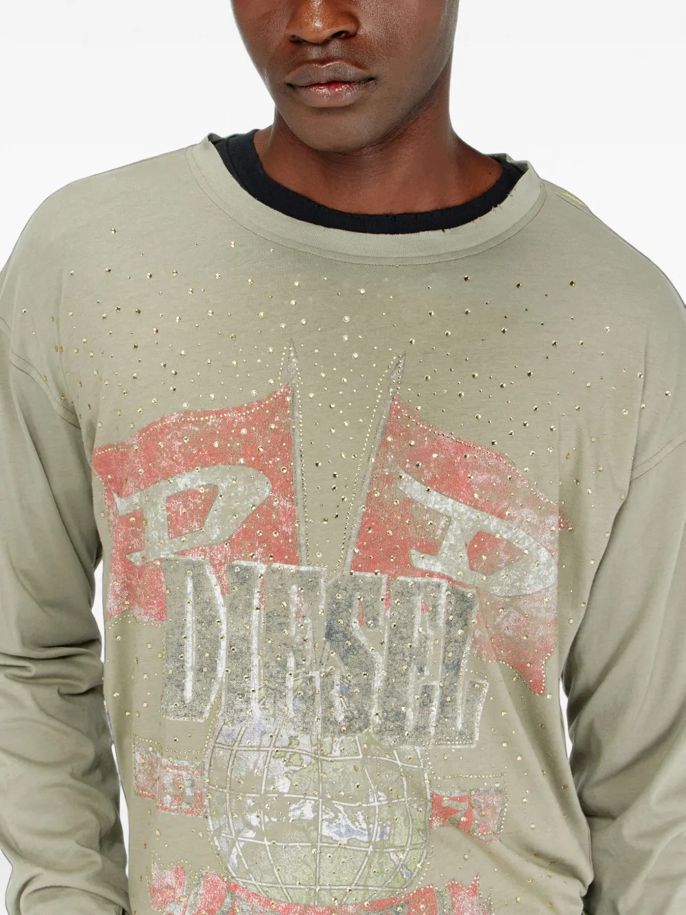 Diesel Gerafeld T-shirt met lange mouwen en verfraaid met kristallen Groen