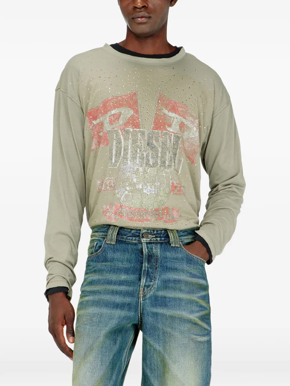 Diesel Gerafeld T-shirt met lange mouwen en verfraaid met kristallen Groen