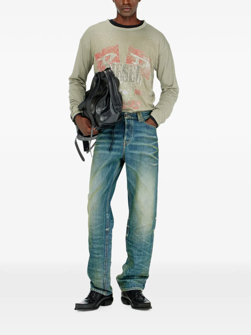 Diesel Gerafeld T-shirt met lange mouwen en verfraaid met kristallen Groen
