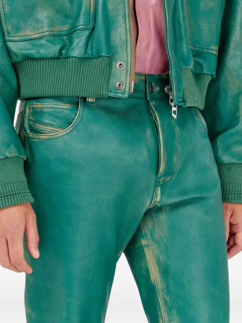 Diesel Broek van behandeld leer Groen