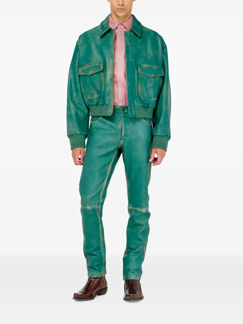 Diesel Broek van behandeld leer Groen