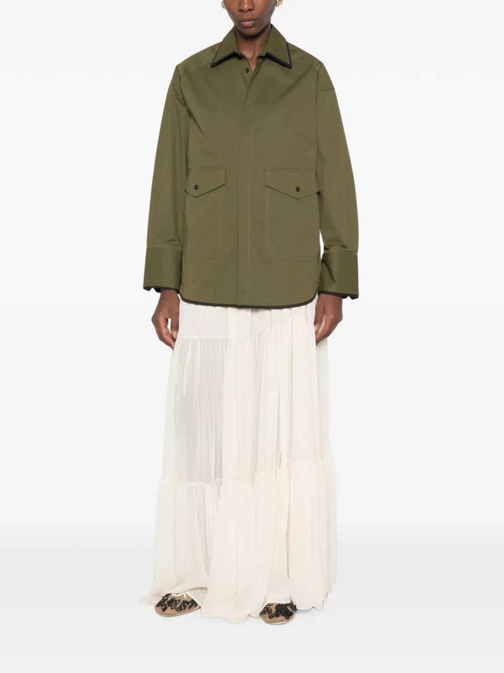 Plan C Blouse met contrasterende afwerking en klepzak Groen