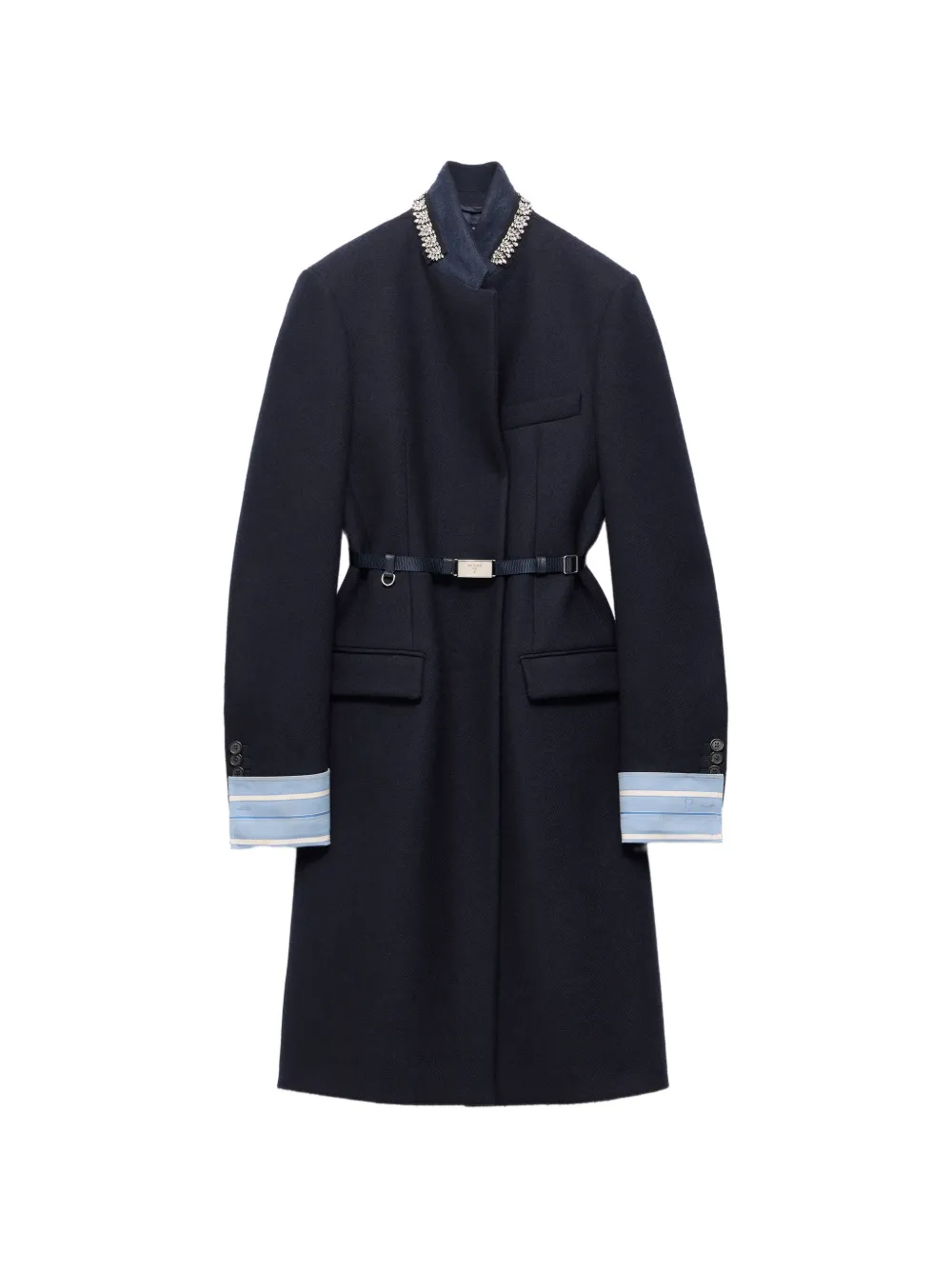 Prada Single-breasted Embroidered Double Wool Coat In Blue