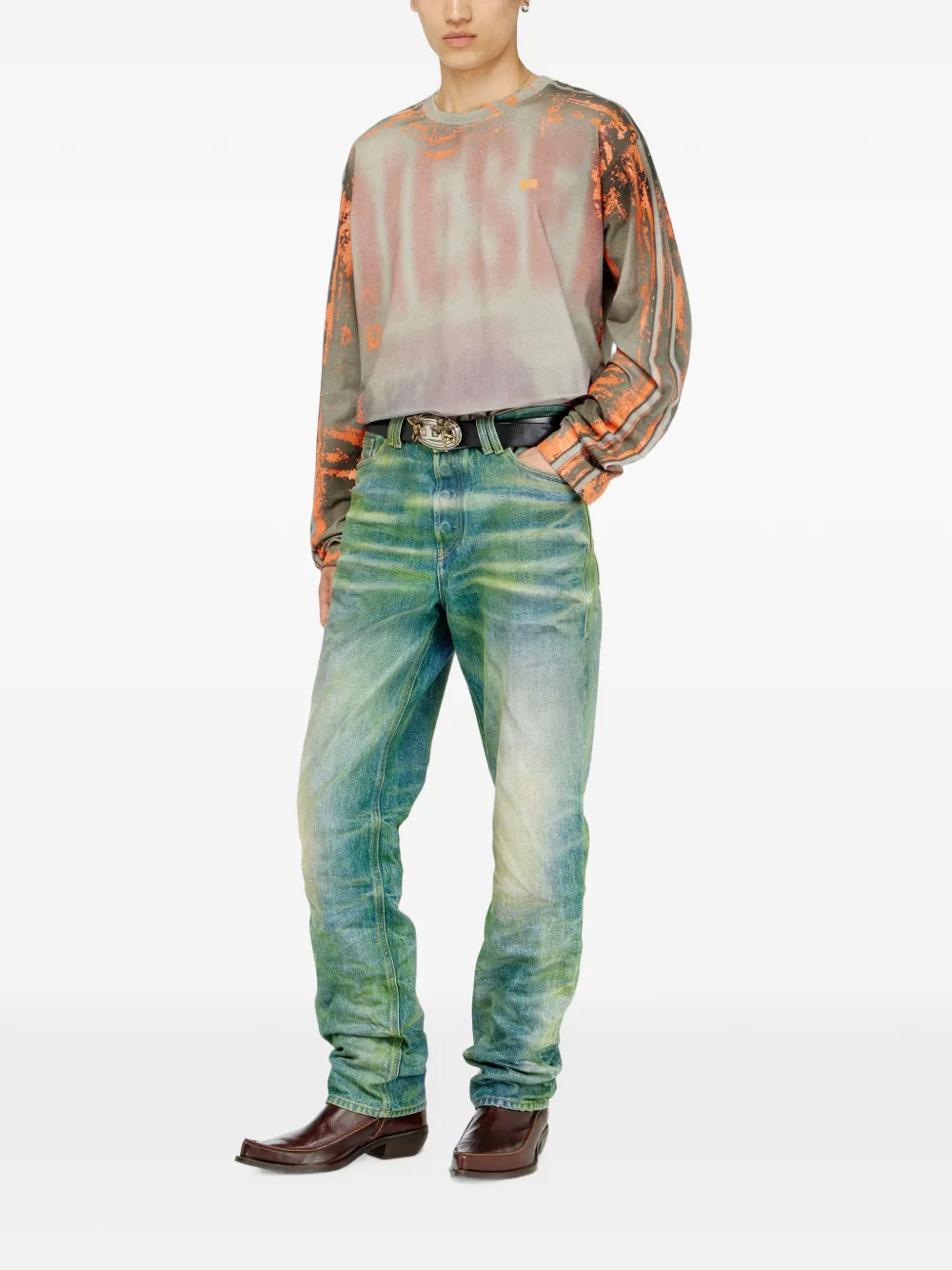 Diesel T-shirt van gebarsten jersey met lange mouwen Grijs