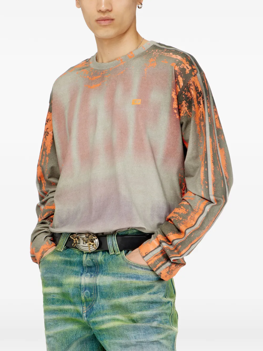 Diesel T-shirt van gebarsten jersey met lange mouwen Grijs