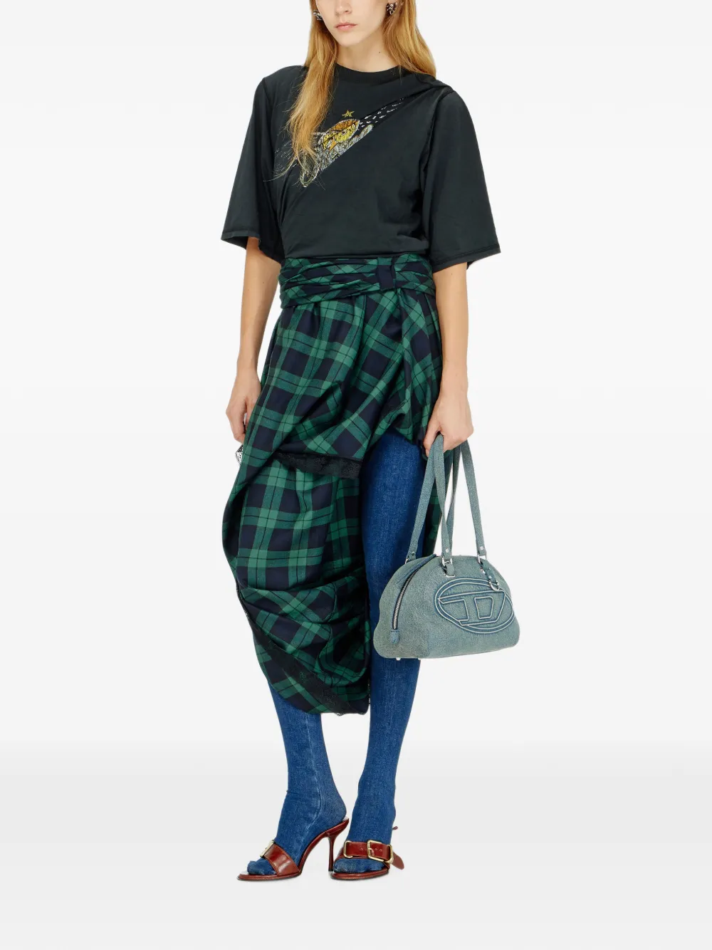 Diesel Gedrapeerde midi-rok met tartan-ruit en kanten afwerking Groen