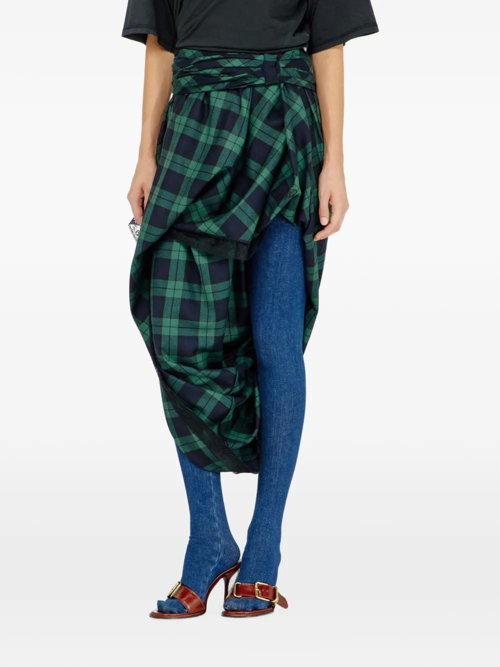 Diesel Gedrapeerde midi-rok met tartan-ruit en kanten afwerking Groen