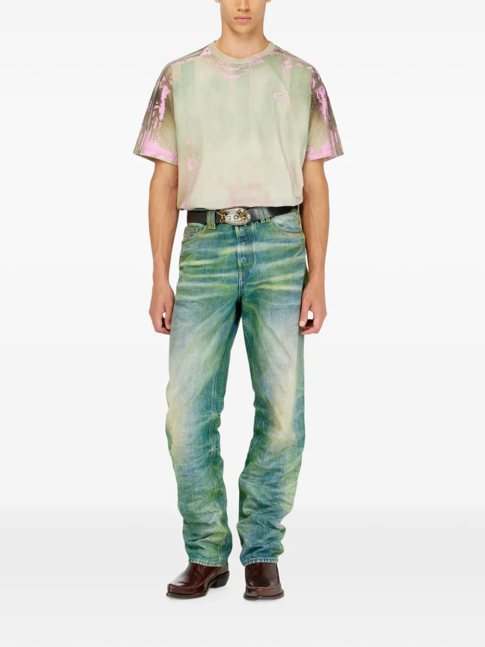 Diesel T-shirt van jersey met gebarsten leren effect Beige