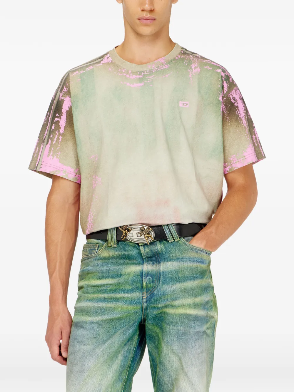 Diesel T-shirt van jersey met gebarsten leren effect Beige