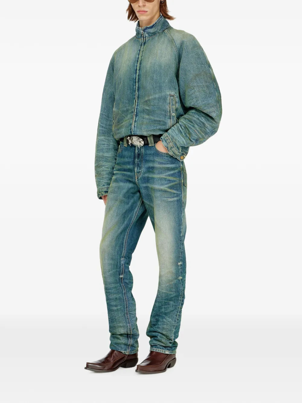 Diesel Gewatteerd denim jack met kreuken en vuil effect Blauw
