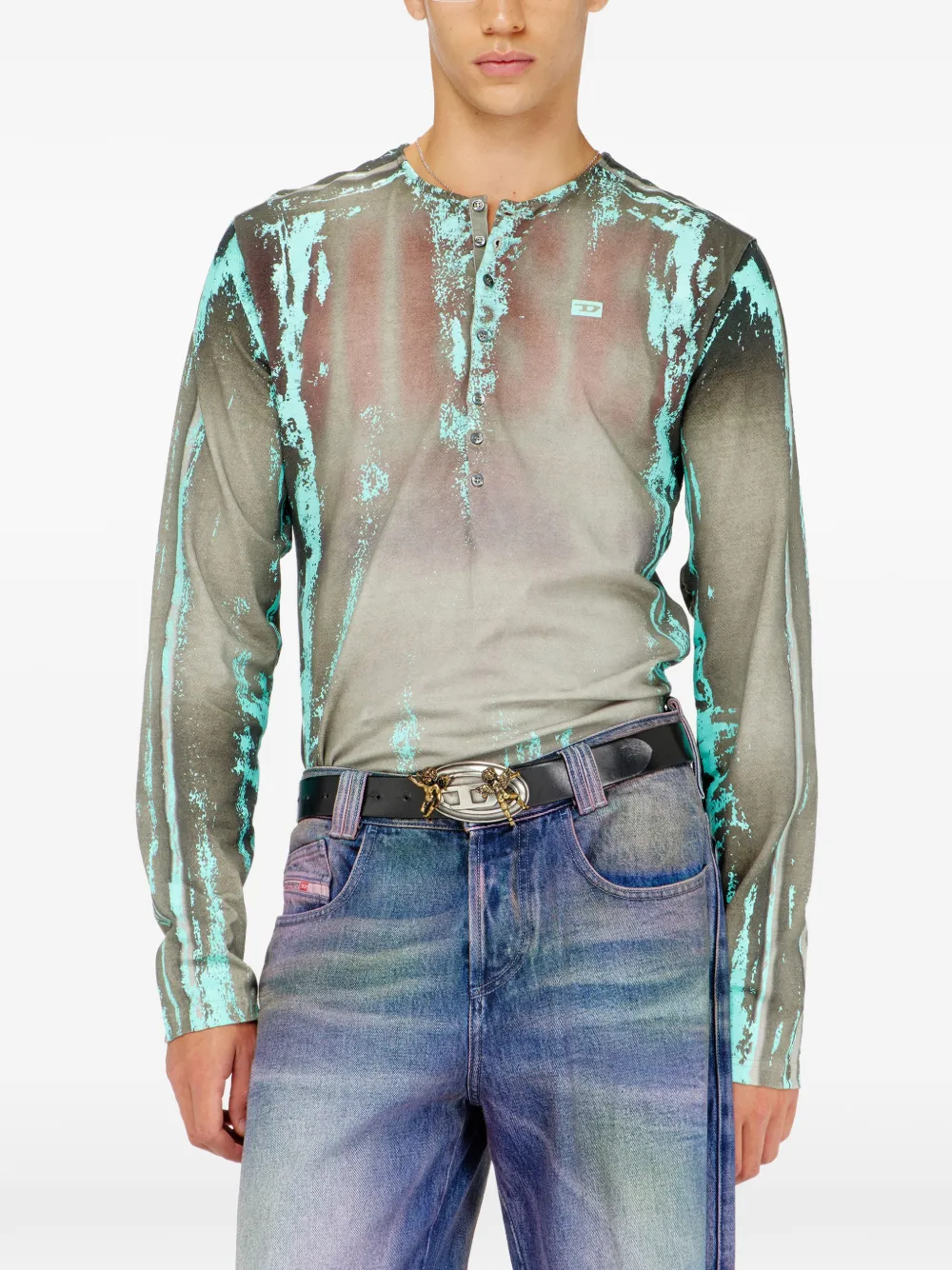 Diesel Grandad T-shirt van jersey met gebarsten leren effect Grijs