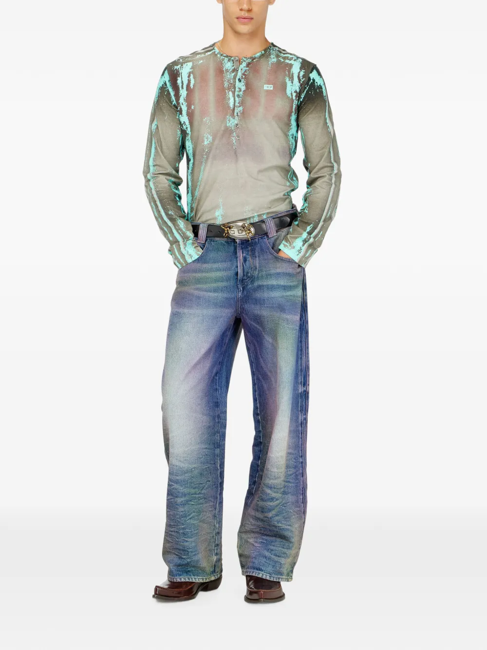 Diesel Grandad T-shirt van jersey met gebarsten leren effect Grijs