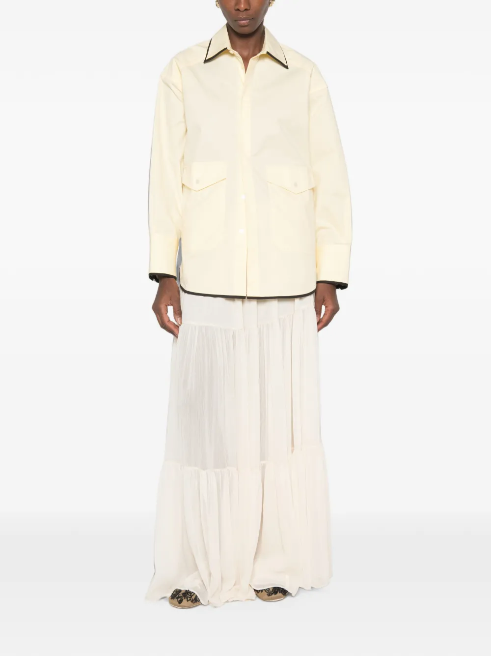 Plan C Blouse met contrasterende afwerking en klepzak Geel