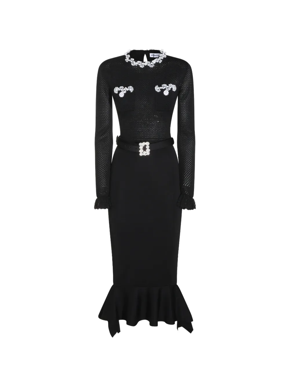 Self-Portrait embellished ruffled-hem midi dress - Nero